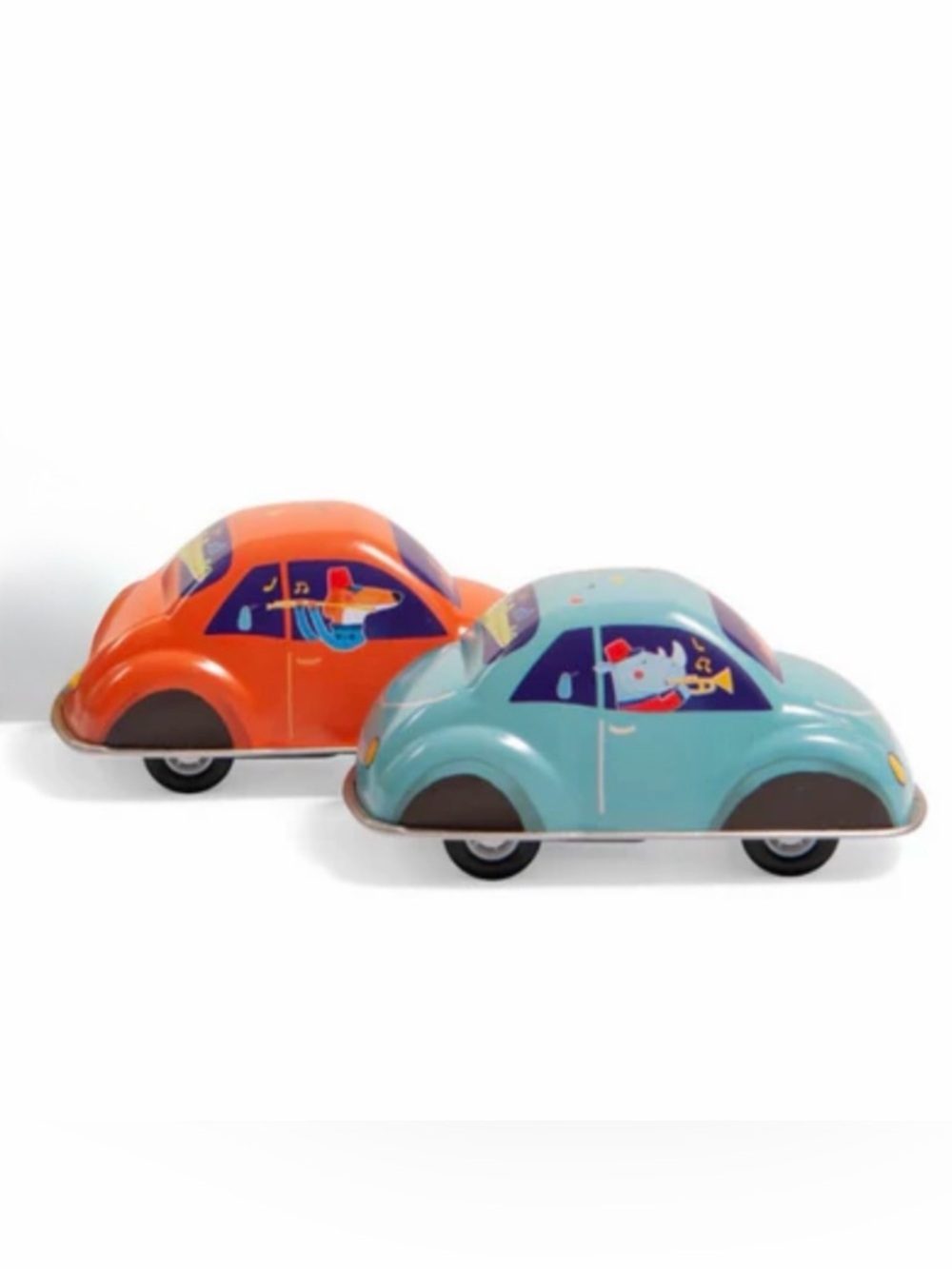 Moulin Roty 2 Friction Cars Pullback & Go! Sturdy Metal Safe CUTE GRAPHICS NWOT